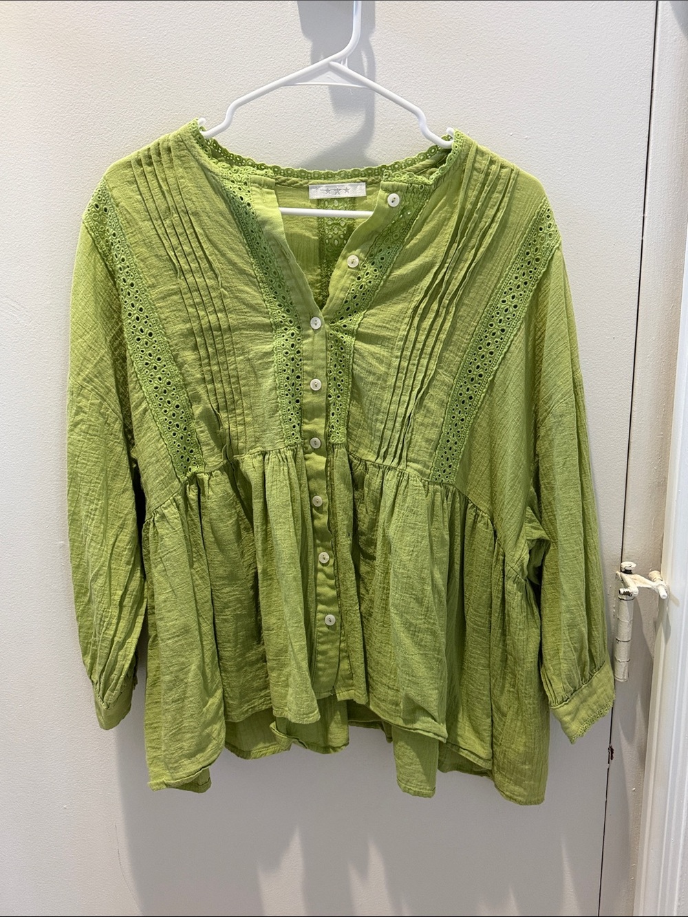 Relaxed Lime Button-Front Peasant Blouse